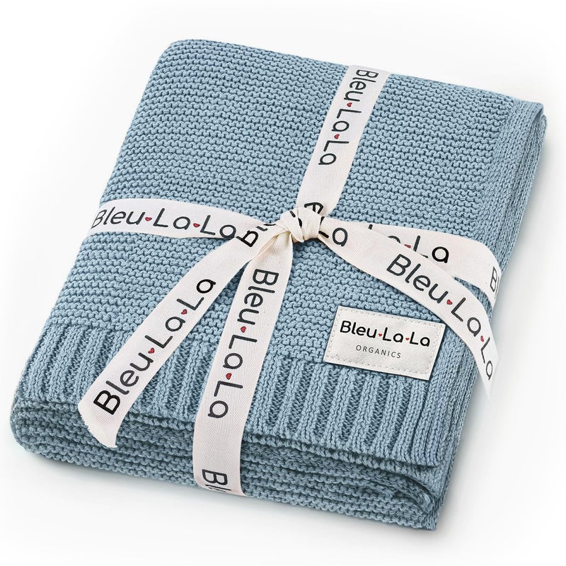 Bleu La La Organic Cotton Heritage Knit Receiving Blanket for Boys - 100% Luxury Soft Organic Cotton - Warm Cozy Swaddle Cuddle Blanket for Newborns Infants & Toddlers (0-2Yrs - Sky Blue) - Image 1